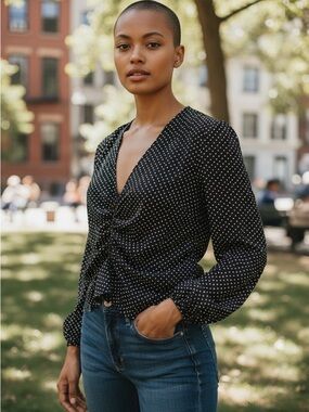 H&M Black Polka Dot Ruched Front Blouse Size 8